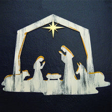 Load image into Gallery viewer, Christmas Nativity Wall Art, Handpainted 3D Wall Decor, 18x23 Inches, White with Gold Paint