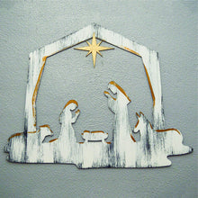 Load image into Gallery viewer, Christmas Nativity Wall Art, Handpainted 3D Wall Decor, 18x23 Inches, White with Gold Paint
